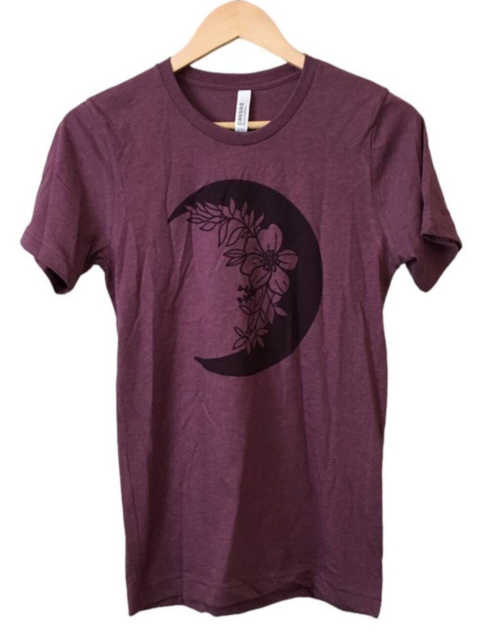 Bella + Canvas Heather Maroon Boho Floral Crescent Moon Short Sleeve Graphic Tee